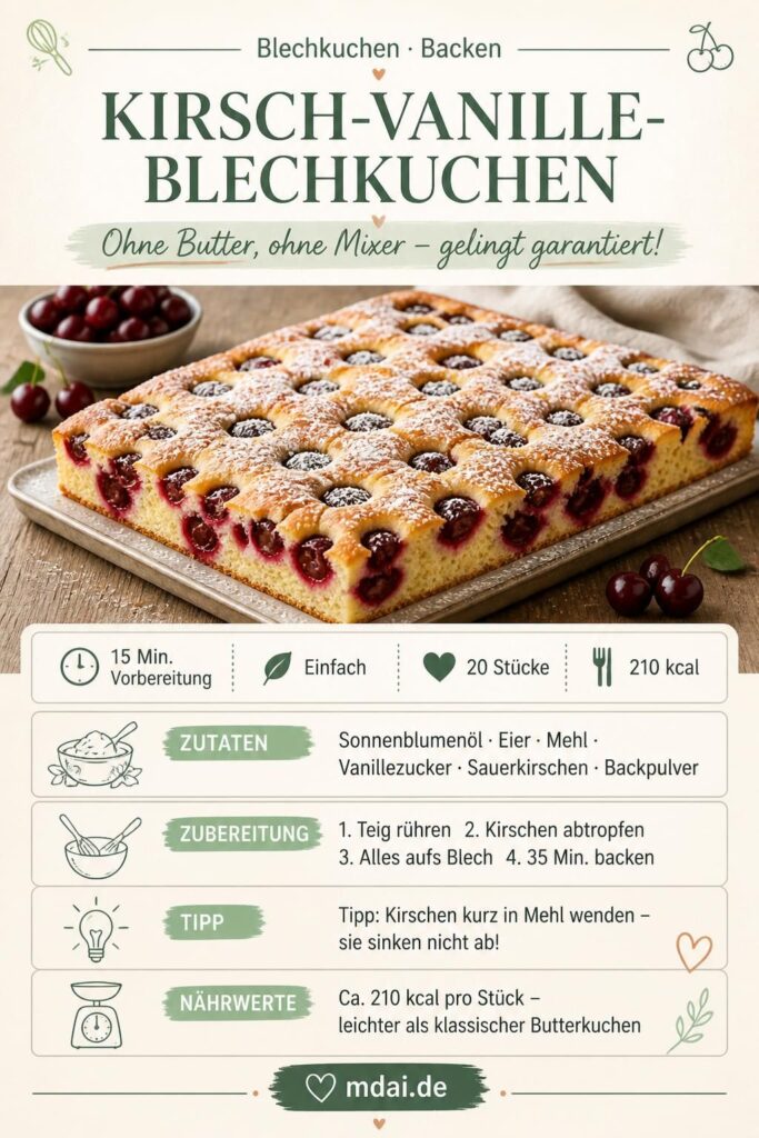 Kirsch-Vanille-Blechkuchen ohne Butter auf einem Backblech, mit Puderzucker bestäubt
