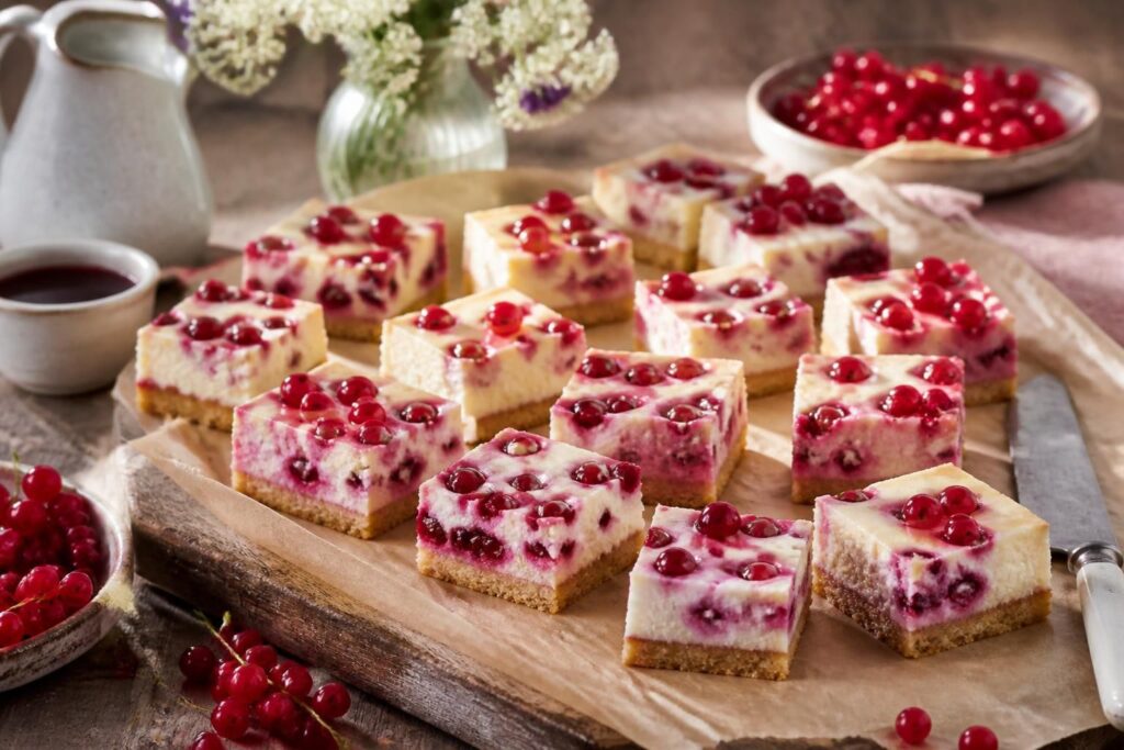 Mini-Käsekuchen mit Johannisbeeren vom Blech, die kleinen Stücke sind perfekt für den Ferienstart