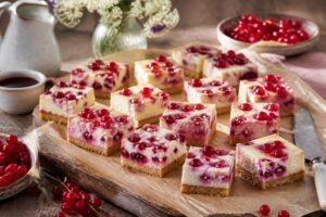 Mini-Käsekuchen mit Johannisbeeren vom Blech, die kleinen Stücke sind perfekt für den Ferienstart