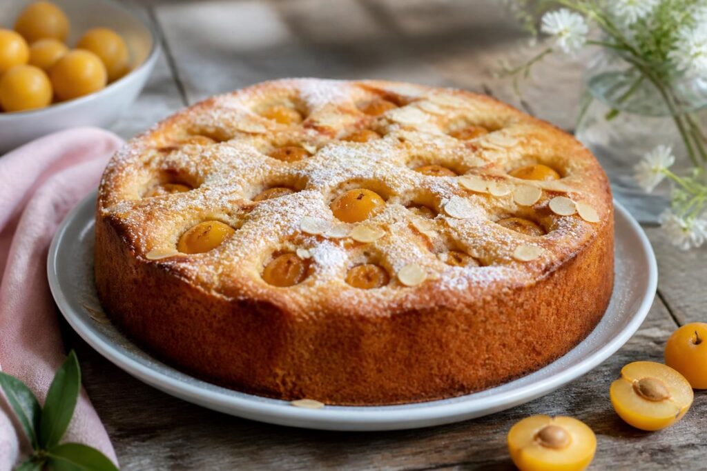 Saftiger Mirabellen-Mandelkuchen mit gemahlenen Mandeln und Joghurtteig in der Springform, garniert mit halbierten Mirabellen und Puderzucker