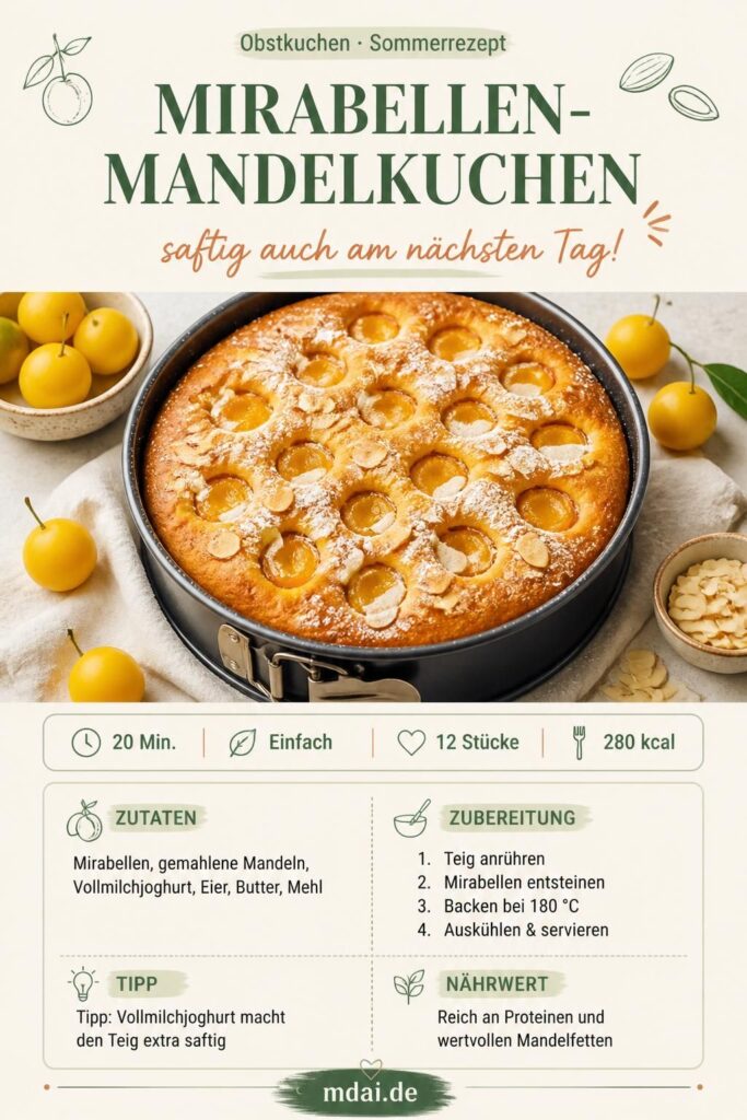 Mirabellen-Mandelkuchen mit Joghurtteig aus der Springform auf einem Holzbrett, mit Puderzucker bestäubt
