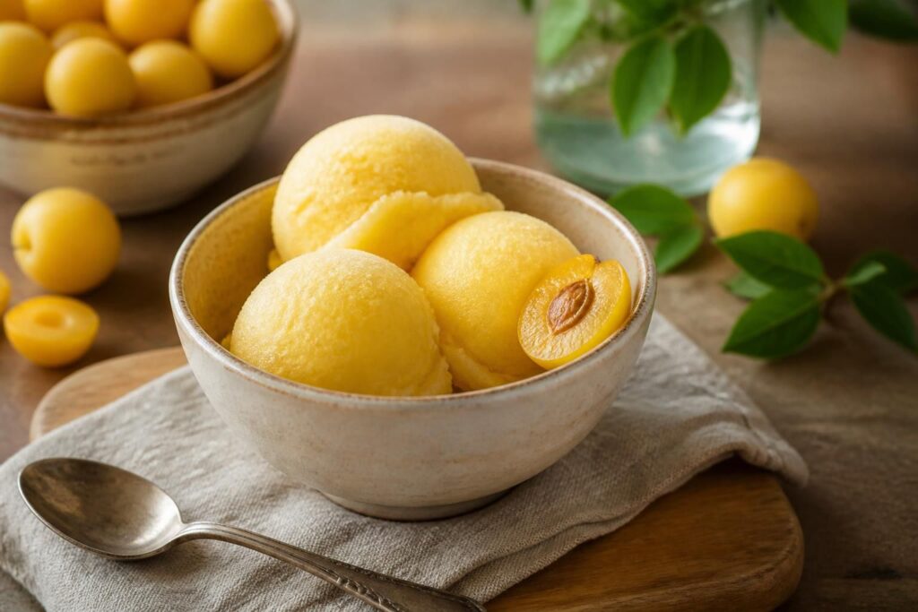 Goldgelbes Mirabellen-Sorbet in einer weißen Schale, angerichtet mit frischen Mirabellen und Zitronenschale, Draufsicht auf hellem Holzuntergrund