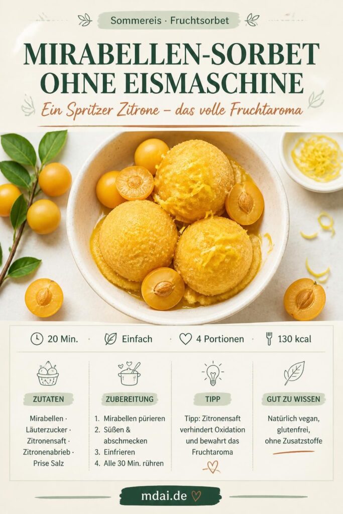 Mirabellen-Sorbet ohne Eismaschine – goldgelbes Fruchtsorbet in einer weißen Schale mit frischen Mirabellen