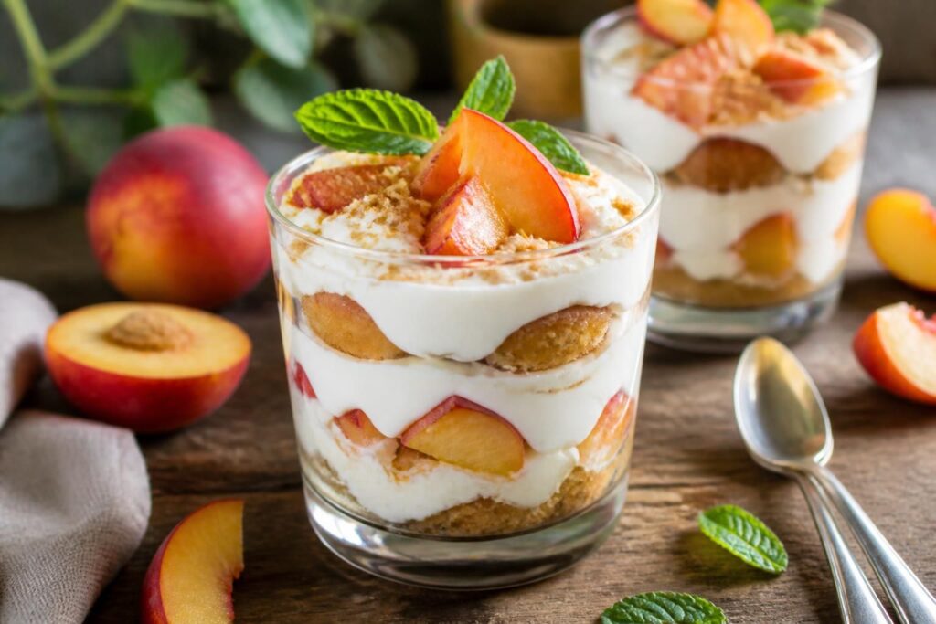 Nektarinen-Tiramisu im Glas ohne Ei – cremige Mascarpone-Schichten mit frischen Nektarinenstücken und Löffelbiskuits, angerichtet in einem klaren Glasbecher