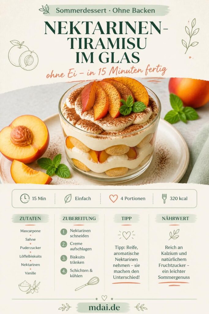 Nektarinen-Tiramisu im Glas ohne Ei – cremige Schichten mit frischen Nektarinen, Löffelbiskuits und Kakaopulver in einem klaren Glasbecher