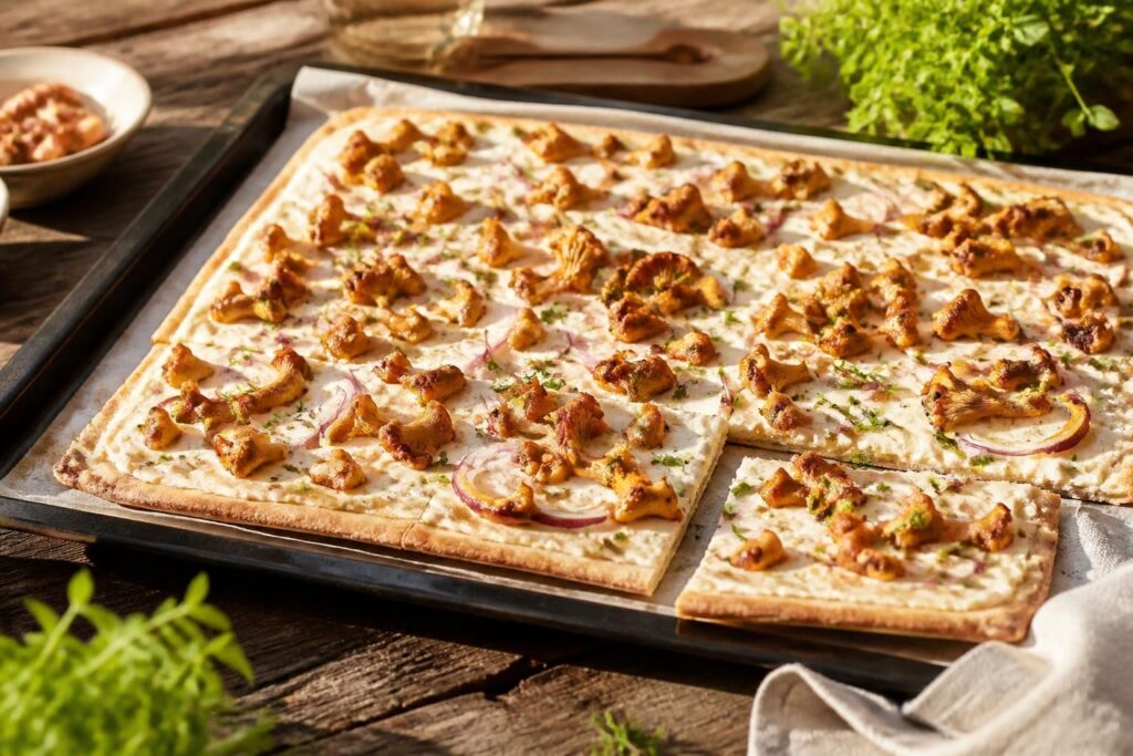 Pfifferling-Flammkuchen vom Blech mit Quark-Öl-Teig, dünn und knusprig gebacken, belegt mit goldgelben Pfifferlingen, Schmand und Röstzwiebeln