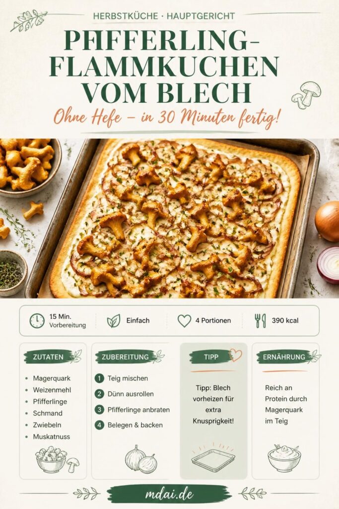 Pfifferling-Flammkuchen vom Blech mit Quark-Öl-Teig auf Backpapier, knusprig gebacken