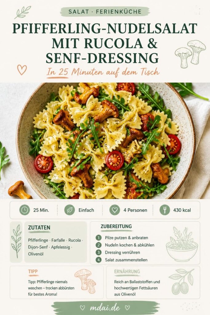 Pfifferling-Nudelsalat mit Rucola und Senf-Dressing – Pinterest-Pin