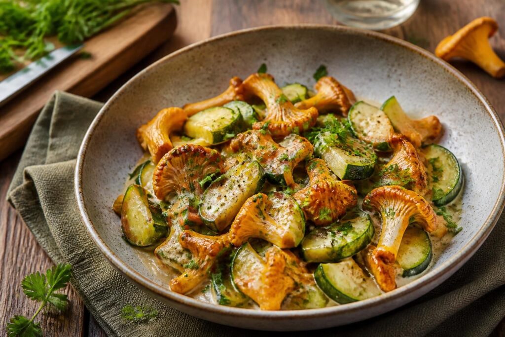 Pfifferling-Zucchini-Pfanne mit Frischkäse, das cremige Abendessen gelingt in 20 Minuten