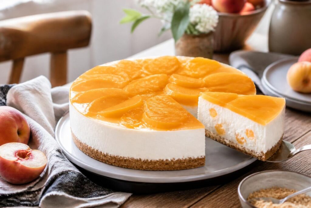 Pfirsich-Milchreis-Torte ohne Backen auf einem Teller, mit cremiger Füllung, Keksboden und frischen Pfirsichscheiben als Topping