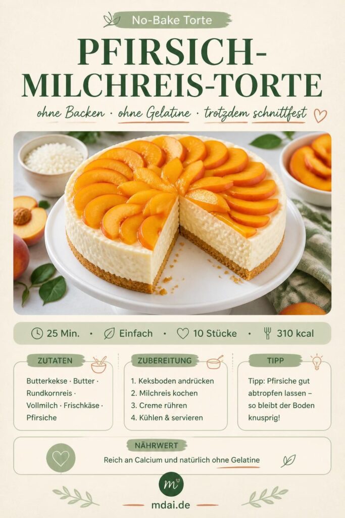 Pfirsich-Milchreis-Torte ohne Backen ohne Gelatine – Pinterest-Pin mit Rezept