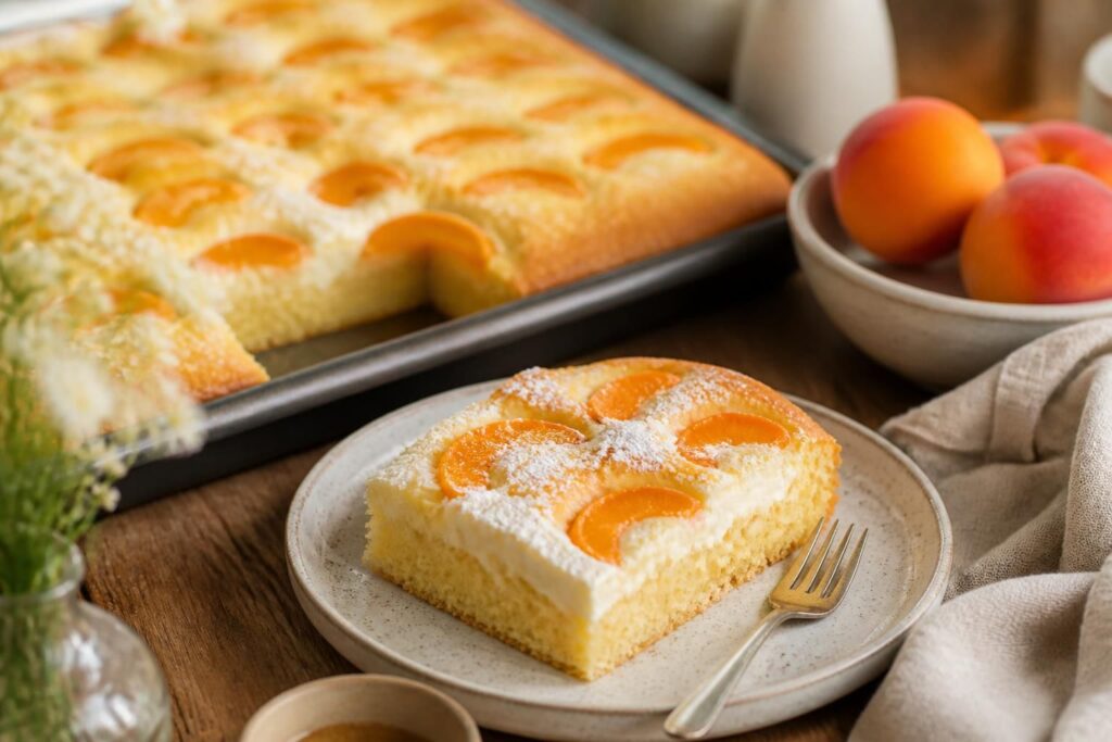 Saftiger Pfirsich-Ricotta-Kuchen vom Blech, angeschnitten auf einem Holzbrett, mit goldbrauner Oberfläche und saftigen Pfirsichstücken im Teig