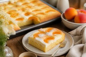 Saftiger Pfirsich-Ricotta-Kuchen vom Blech, angeschnitten auf einem Holzbrett, mit goldbrauner Oberfläche und saftigen Pfirsichstücken im Teig