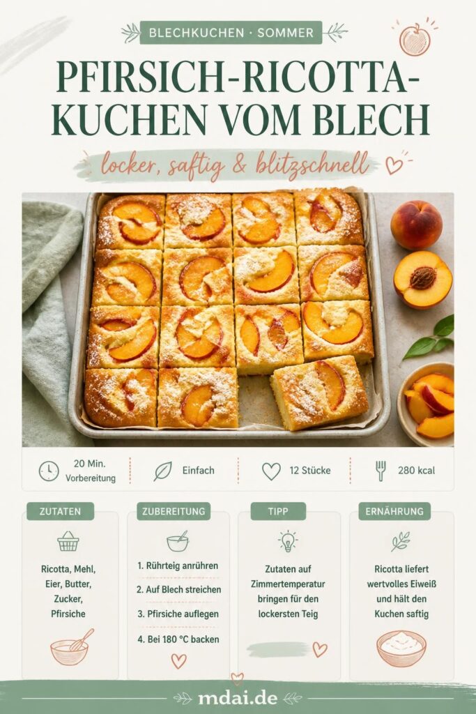 Pfirsich-Ricotta-Kuchen vom Blech – locker und saftig, Pinterest-Rezeptbild