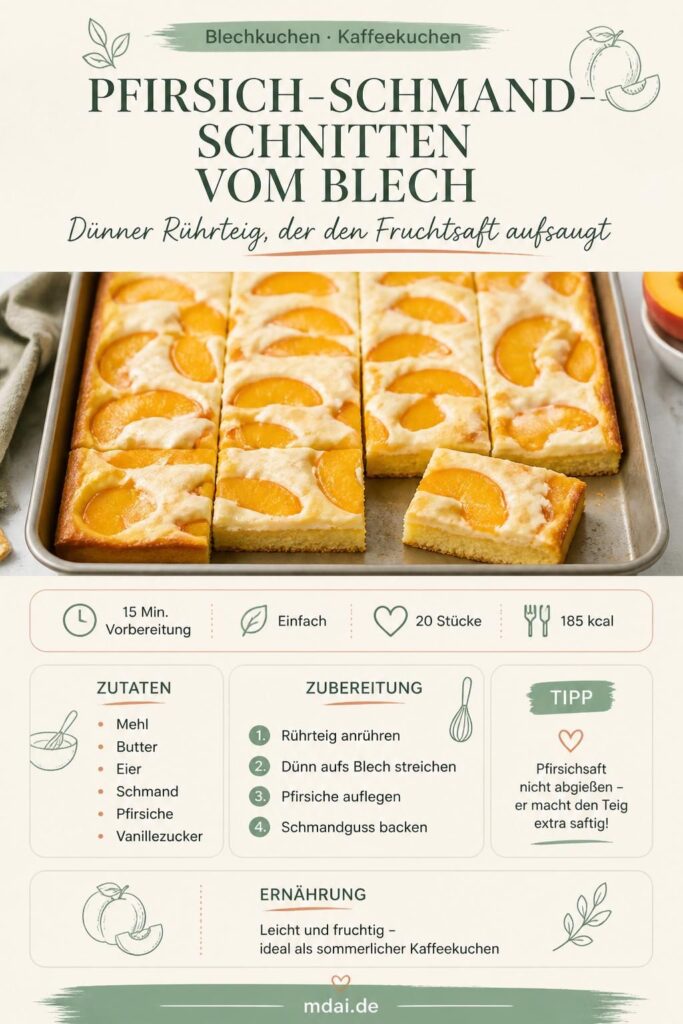 Pfirsich-Schmand-Schnitten vom Blech – Pin-Bild mit Rezept und Zutaten