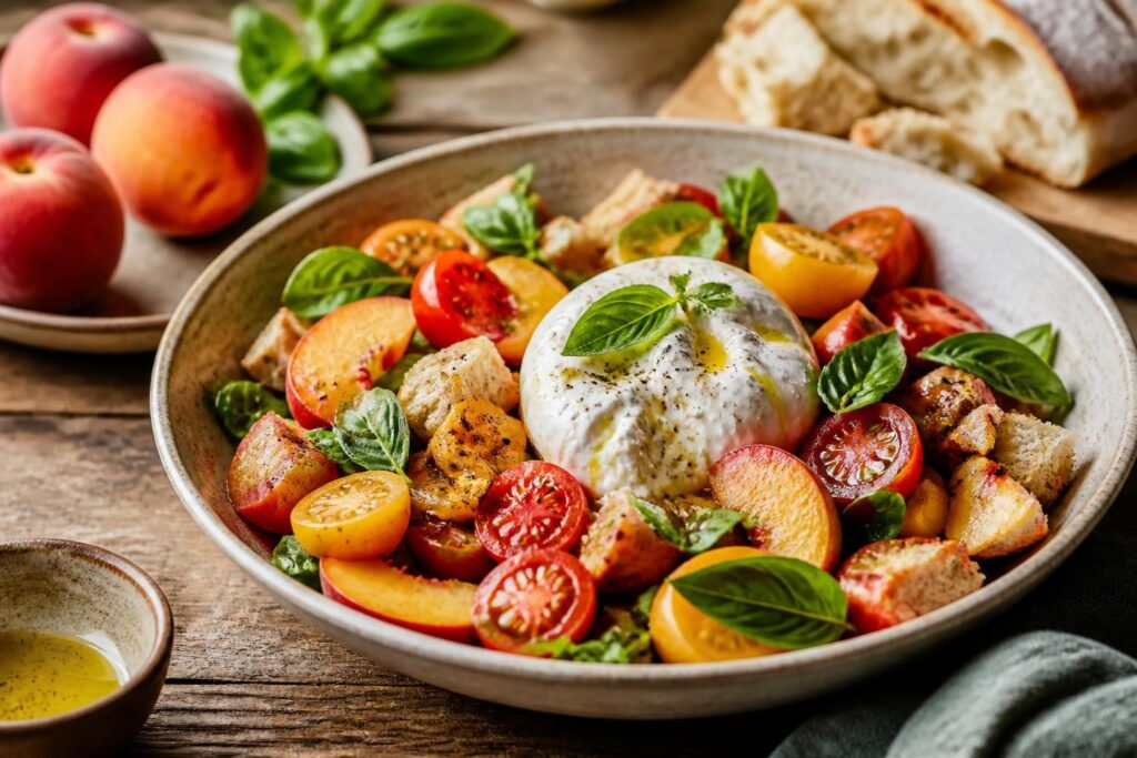 Tomaten-Brotsalat mit Pfirsich und Burrata, die ungewöhnliche Kombination schmeckt nach Hochsommer