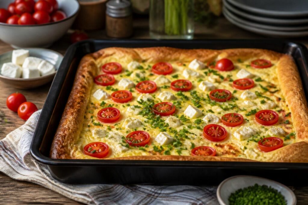 Tomaten-Feta-Pfannkuchen vom Blech, goldbraun gebacken, mit frischen Tomaten, Feta-Käse und Oregano, auf einem Backblech mit Backpapier