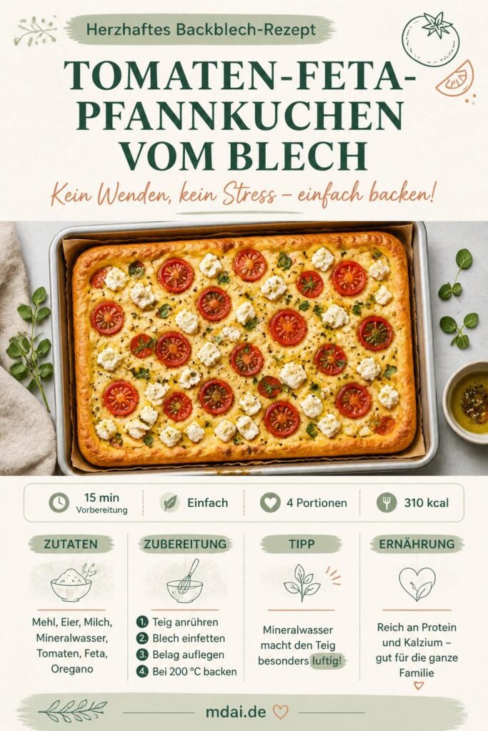 Tomaten-Feta-Pfannkuchen vom Blech, goldbraun gebacken mit Kirschtomaten, Feta und Oregano