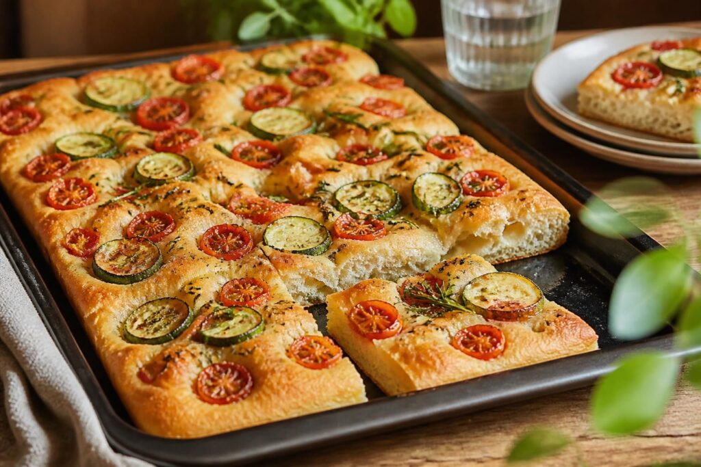 Tomaten-Zucchini-Focaccia vom Blech mit goldbrauner Kruste, Kirschtomaten, Zucchinischeiben, Rosmarin und Meersalzflocken auf einem Backblech