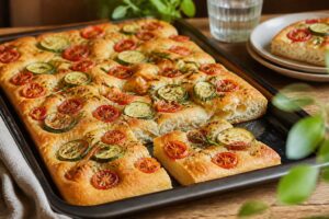 Tomaten-Zucchini-Focaccia vom Blech mit goldbrauner Kruste, Kirschtomaten, Zucchinischeiben, Rosmarin und Meersalzflocken auf einem Backblech