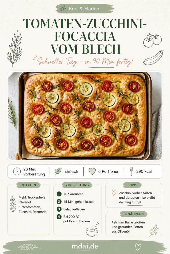 Tomaten-Zucchini-Focaccia vom Blech mit goldbrauner Kruste, Kirschtomaten und Rosmarin – schneller Hefeteig