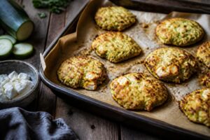 Zucchini-Halloumi-Puffer vom Blech – der Ofen-Trick